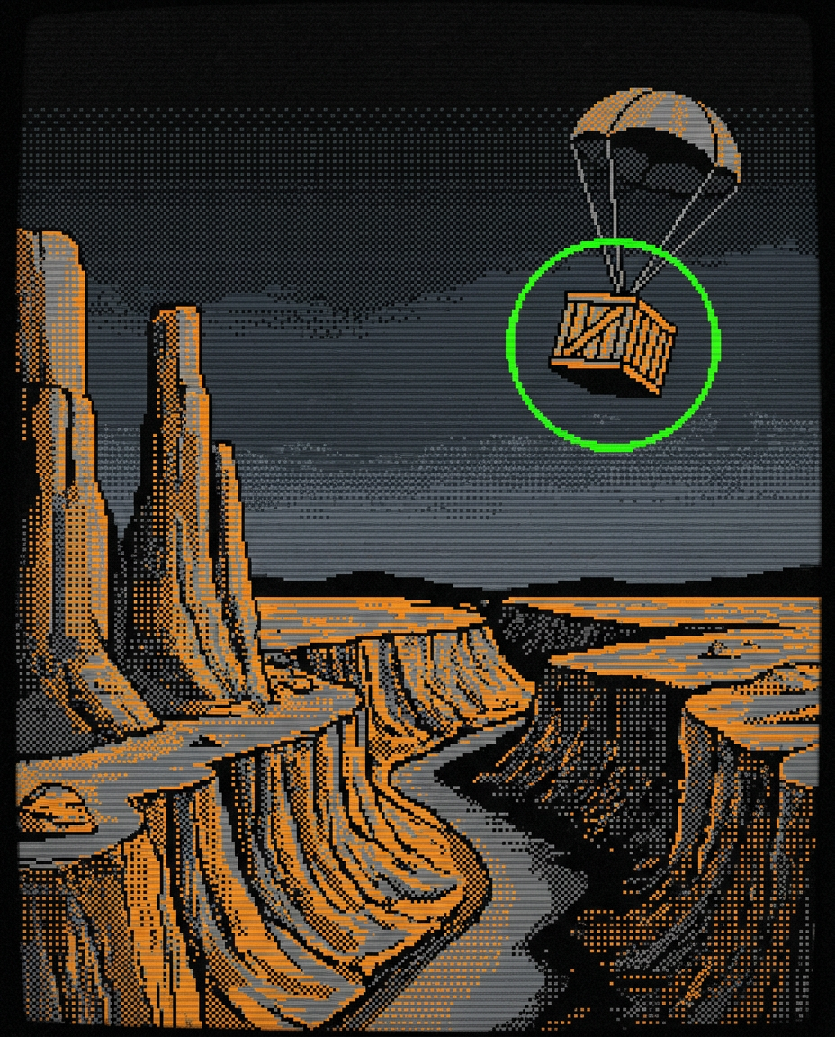 Pixel-art canyon at dusk with a parachute crate descending inside a green scanner ring